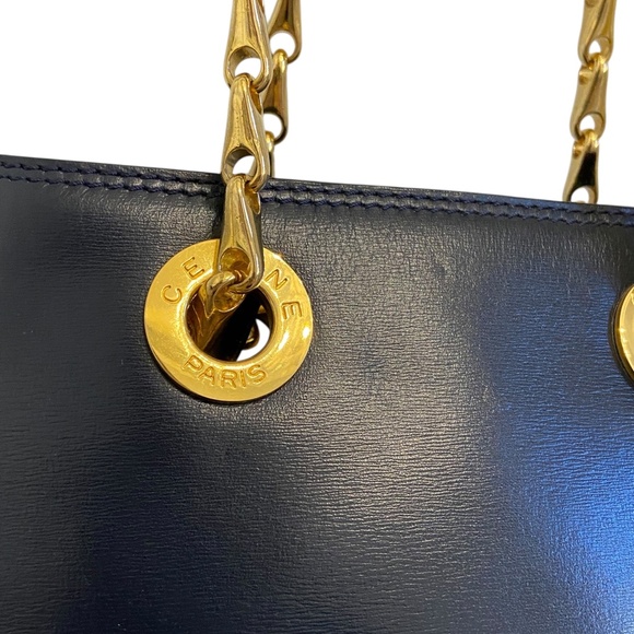 Celine w/ COA Navy Leather Bucket Shoulder Bag w/ Gold Hardware Chain Authentic - Picture 3 of 16